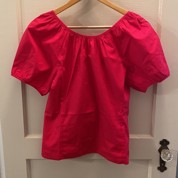 NWT-J.Crew V-back puff-sleeve stretch cotton poplin top in Wild Hibiscus - Picture 4 of 6